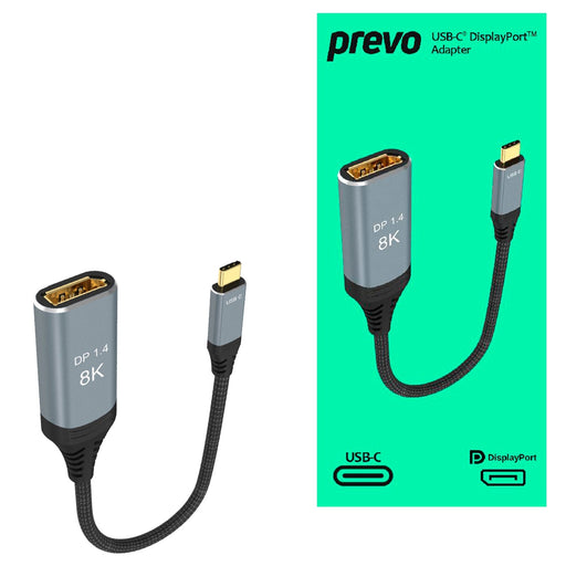 Prevo USBC-DP-ADA Display Converter Adapter, USB Type-C (M) to DisplayPort (F), 0.2m, Black & Silver, DisplayPort 1.4, Supports up to 8K@30Hz, Braided Cable, Retail Box Packaging-Cables-Gigante Computers