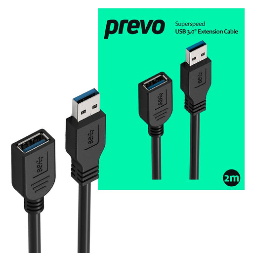 Prevo USBM-USBF-2M USB Extension Cable, USB 3.0 Type-A (M) to USB Type-A (F), 2m, Black, Up to 5Gbps Transmission Rate, Retail Box Packaging-Cables-Gigante Computers