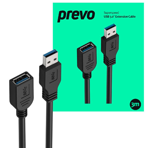 Prevo USBM-USBF-3M USB 3.0 Extension Cable, USB 3.0 Type-A (M) to USB Type-A (F), 3m, Black, Up to 5Gbps Transmission Rate, Retail Box Packaging-Cables-Gigante Computers