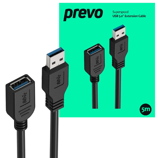 Prevo USBM-USBF-5M USB 3.0 Extension Cable, USB 3.0 Type-A (M) to USB Type-A (F), 5m, Black, Up to 5Gbps Transmission Rate, Retail Box Packaging-Cables-Gigante Computers