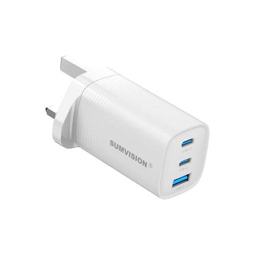 SUMVISION Universal 3 Port USB Laptop Wall Charger, 65W, GaN, Multiport USB Connections with Type-C, USB-A QC 3.0 Fast Charge & USB-A, Includes UK Plug, Suitable for USB-C Laptop Charging, UK Design and Free UK Tech Support-Laptop Chargers-Gigante Computers