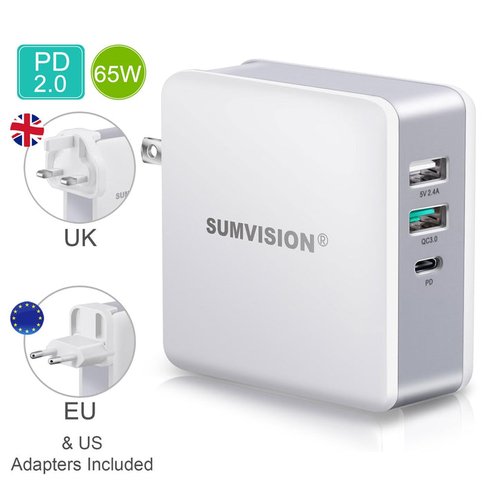 SUMVISION Universal USB Laptop Wall Charger, 65W, Multiport USB Connections with Type-C, USB-A QC3.0 Fast Charge & USB-A, Includes UK, EU & US Plug Adapters, Suitable for USB-C Laptop Charging-Laptop Chargers-Gigante Computers