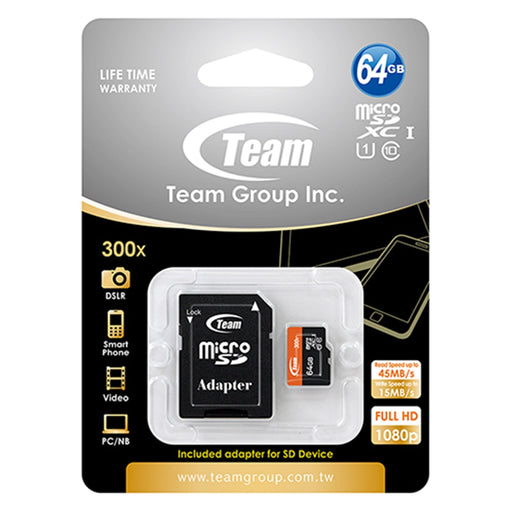 Team 64GB Micro SDXC UHS-1 Class 10 Flash Card with Adapter-Memory-Gigante Computers