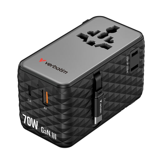 Verbatim (30186) Charge 'n' Travel 70W 2C Retractable Universal Travel Adapter Black, Fast Charging up to 70W-Cables-Gigante Computers