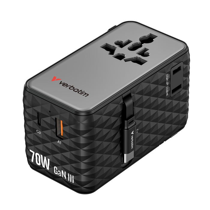 Verbatim (30186) Charge 'n' Travel 70W 2C Retractable Universal Travel Adapter Black, Fast Charging up to 70W-Cables-Gigante Computers