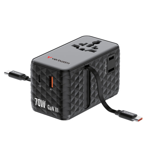 Verbatim (30186) Charge 'n' Travel 70W 2C Retractable Universal Travel Adapter Black, Fast Charging up to 70W-Cables-Gigante Computers