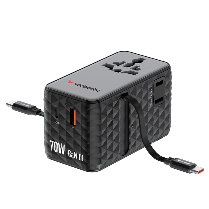 Verbatim (30186) Charge 'n' Travel 70W 2C Retractable Universal Travel Adapter Black, Fast Charging up to 70W-Cables-Gigante Computers