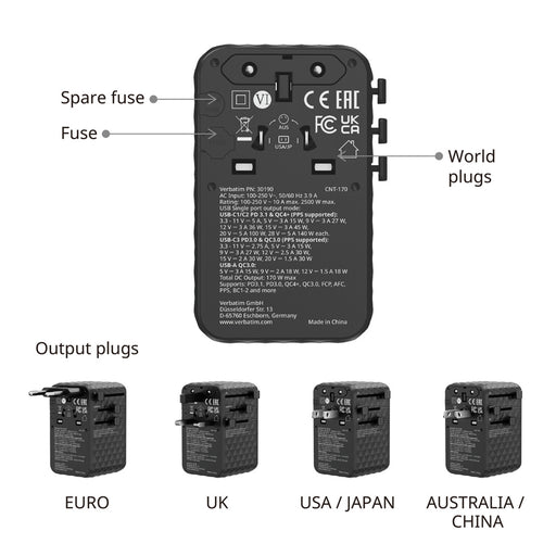 Verbatim (30190) Charge 'n' Travel 170W Universal Travel Adapter Black, Charge Up To 6 Devices AT Once-Cables-Gigante Computers