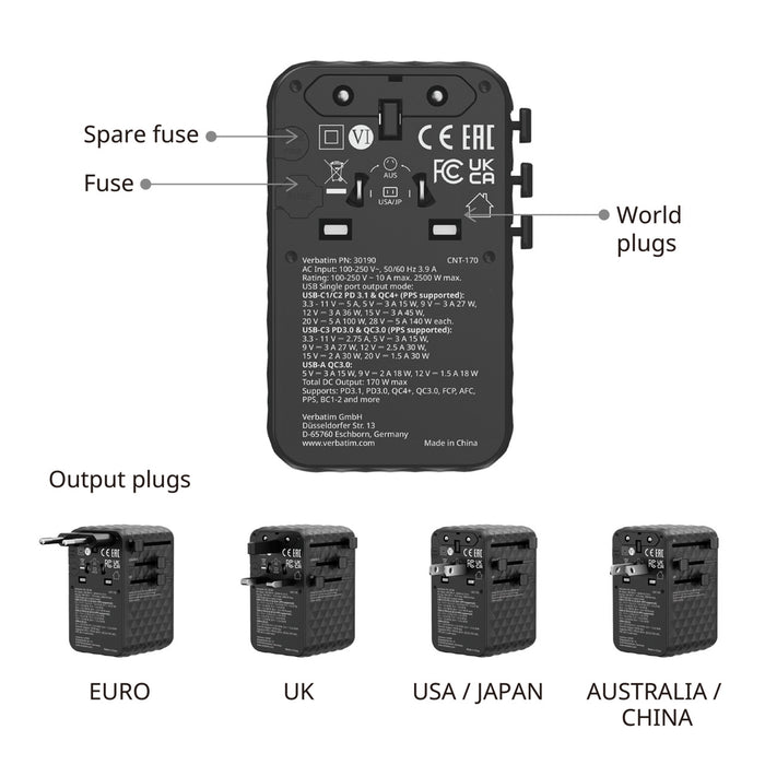 Verbatim (30190) Charge 'n' Travel 170W Universal Travel Adapter Black, Charge Up To 6 Devices AT Once-Cables-Gigante Computers