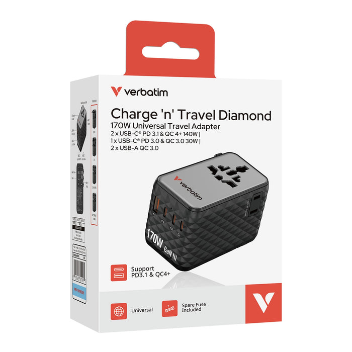 Verbatim (30190) Charge 'n' Travel 170W Universal Travel Adapter Black, Charge Up To 6 Devices AT Once-Cables-Gigante Computers
