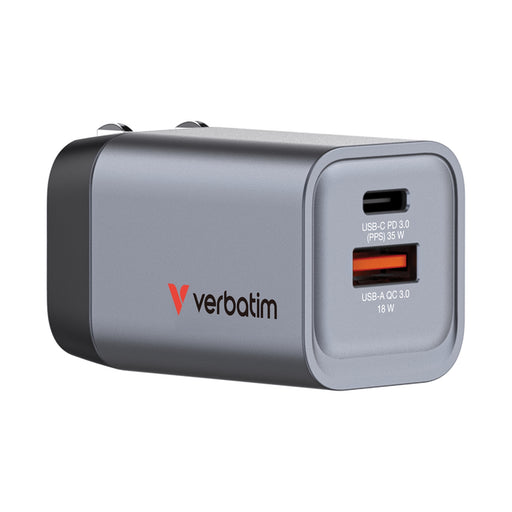 Verbatim (32200) GNC-35 GaN Charger 35W with 1 x USB-C® PD 35W / 1 x USB-A QC 3.0 (EU/UK/US)-Cables-Gigante Computers