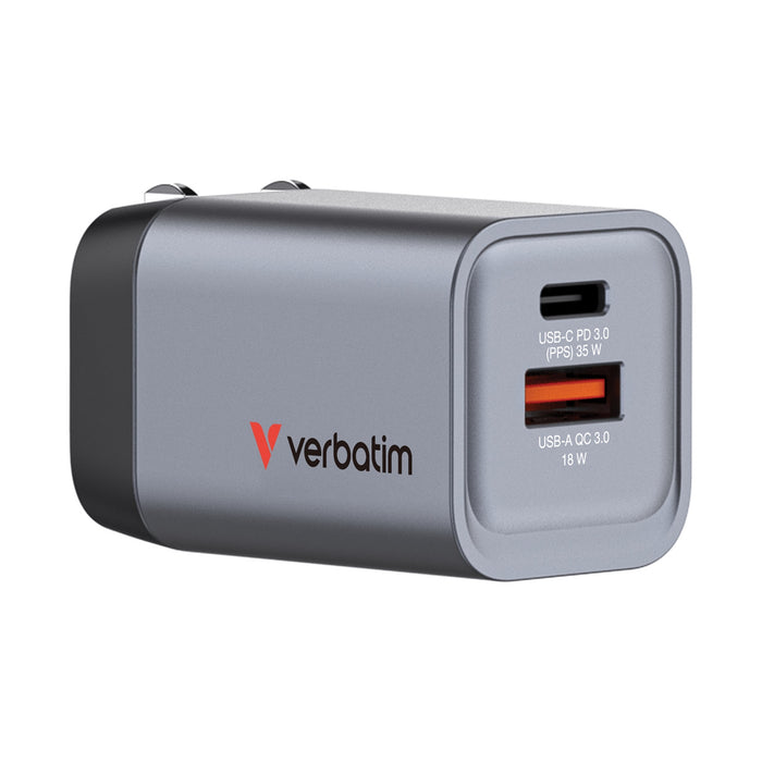 Verbatim (32200) GNC-35 GaN Charger 35W with 1 x USB-C® PD 35W / 1 x USB-A QC 3.0 (EU/UK/US)-Cables-Gigante Computers