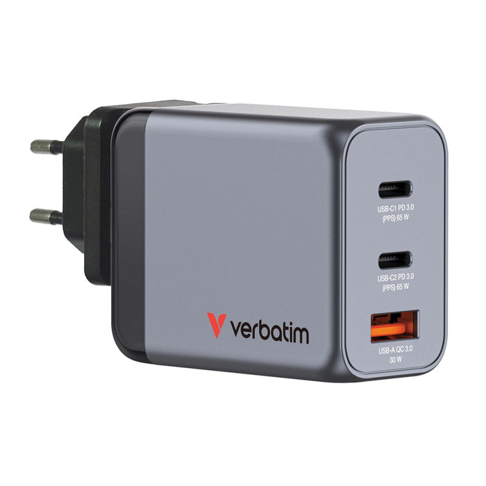 Verbatim (32201) GNC-65 GaN Charger 65W with 2 x USB-C PD 65W / 1 x USB-A QC 3.0 (EU/UK/US)-Cables-Gigante Computers