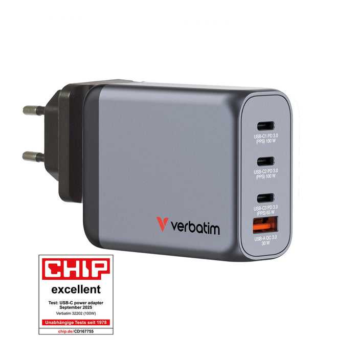 Verbatim (32202) GNC-100 GaN Charger 100W with 2 x USB-C PD 100W / 1 x USB-C PD 65W / 1 x USB-A QC 3.0 (EU/UK/US)-Cables-Gigante Computers