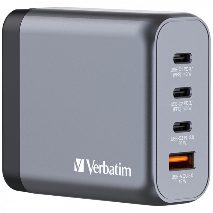 Verbatim (32203) GNC-140 GaN Charger 140W with 2 x USB-C PD 140W / 1 x USB-C PD 20W / 1 x USB-A QC 3.0 (EU/UK/US)-Cables-Gigante Computers