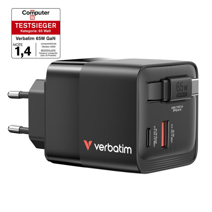 Verbatim (32217) GaN Wall Charger 65W 2 Port with Retractable Cable-Cables-Gigante Computers