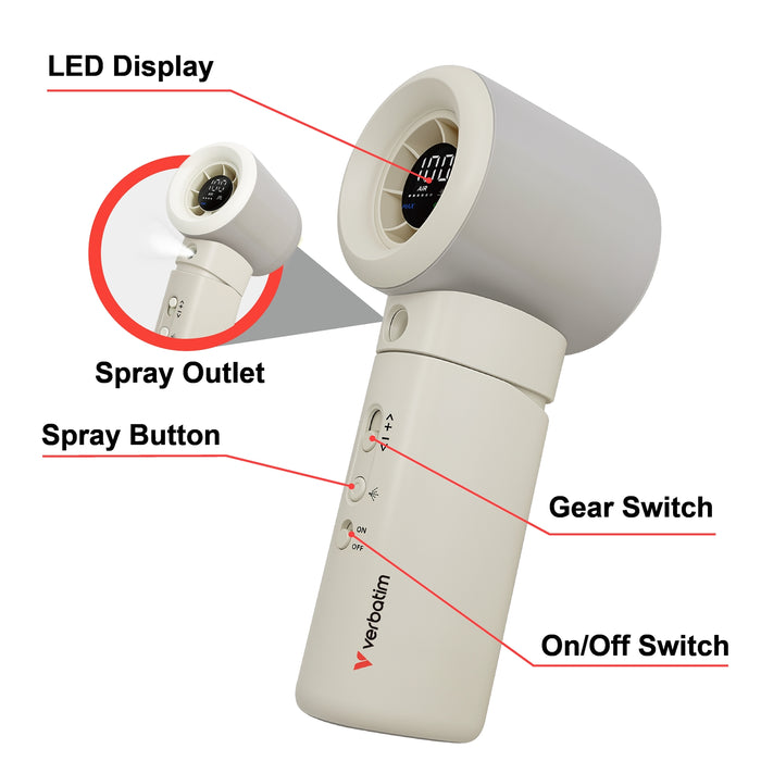Verbatim (32344) Cool 'n' Go Aqua Breeze Handheld Fan, Portable Cooling with Refreshing Mist Spray - White/Silver-Gadgets / MP Players-Gigante Computers