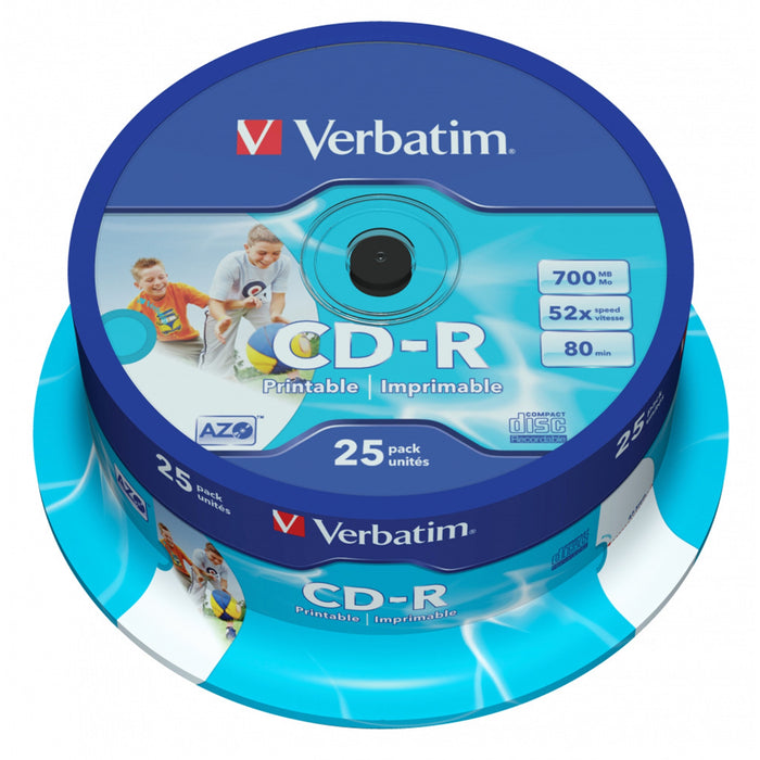 Verbatim (43439) CD-R WIDE INKJET PRINTABLE ID BRANDED 25PK SPINDLE AZO 700MB 52X-Media-Gigante Computers