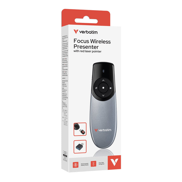Verbatim Focus Wireless Presenter With Red Laser Pointer, Wireless Operating Distance Up To 30 Metres, USB-A Receiver With USB-C Adapter Included, Plug And Play, Grey-Accessories-Gigante Computers