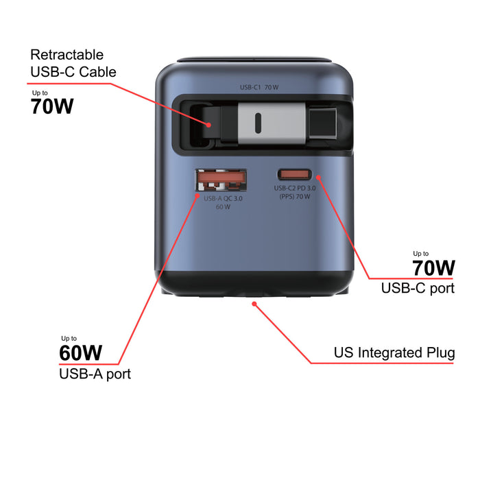 Verbatim Mini GaN Charger 70W Retractable USB-C Cable & Display, USB-C Port, USB-A Port-Cables-Gigante Computers