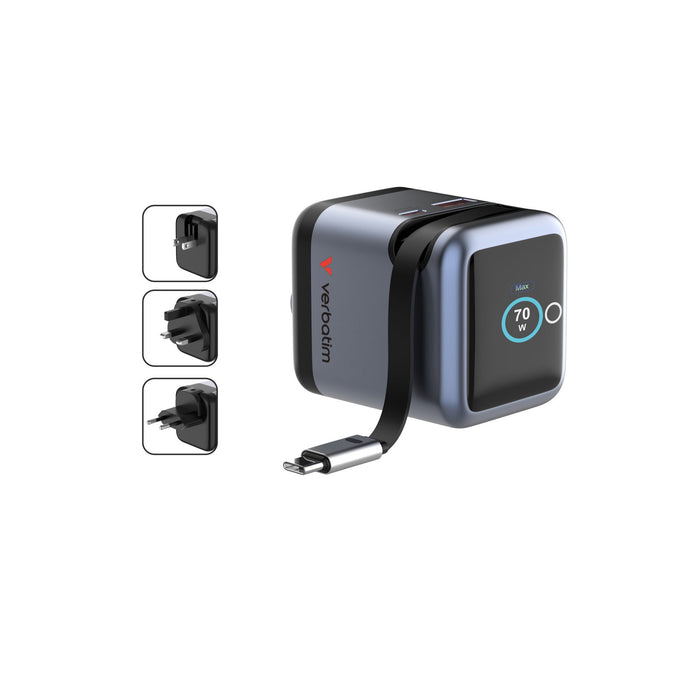Verbatim Mini GaN Charger 70W Retractable USB-C Cable & Display, USB-C Port, USB-A Port-Cables-Gigante Computers
