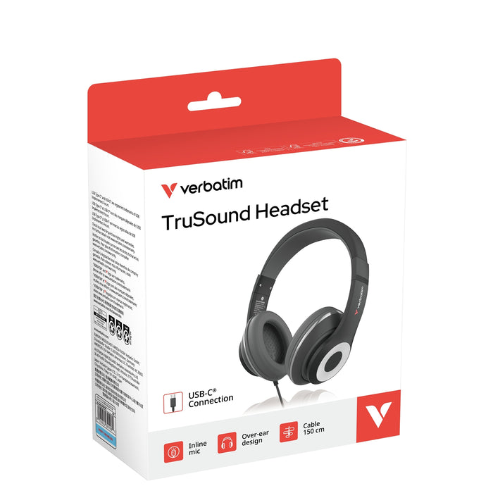 Verbatim TruSound USB-C Over-Ear Headset With In-Line Microphone, Black-Speakers-Gigante Computers