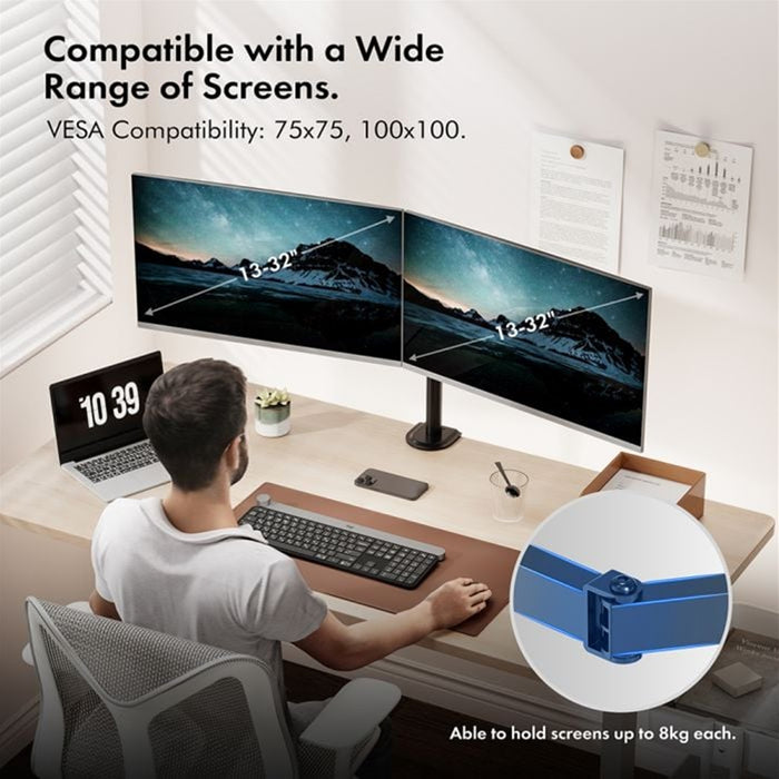 VonHaus Dual Monitor Stand for 13-32 Inch Screens, Twin Monitor Mount with Desk Clamp, Height Adjustable, Easy Assemble Stand with Full Tilt, Rotation & Swivel Arms, VESA 75x75 & 100x100mm-Accessories-Gigante Computers