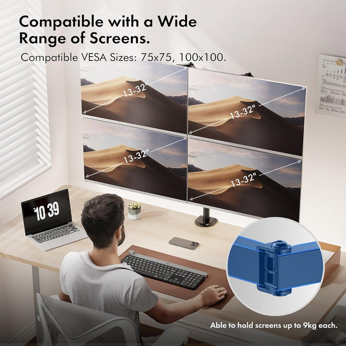 VonHaus Quad Monitor Stand for 13-32" Screens, Four Screen Monitor Desk Mount, Height Adjustable, Easy Assemble Stand with Full Tilt, Rotation & Swivel Arms, VESA 75x75 & 100x100mm-Accessories-Gigante Computers