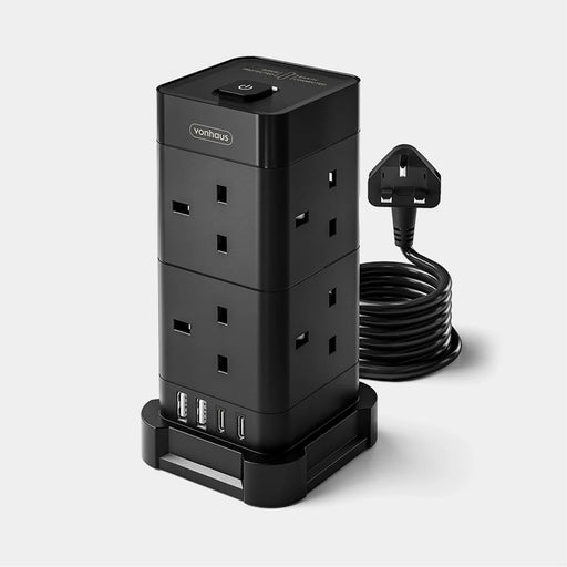 VonHaus Tower Extension Lead with USB, Power Surge Protection 2M Cable Black, 8 x UK Mains Sockets, Three-Pin 13A Plugs, Arranged Vertically With 2 Sockets On Each Of The 4 Sides-Cables-Gigante Computers