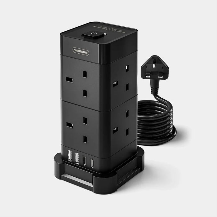 VonHaus Tower Extension Lead with USB, Power Surge Protection 2M Cable Black, 8 x UK Mains Sockets, Three-Pin 13A Plugs, Arranged Vertically With 2 Sockets On Each Of The 4 Sides-Cables-Gigante Computers