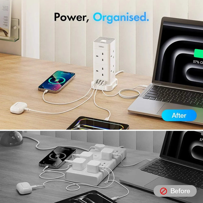 VonHaus Tower Extension Lead with USB, Power Surge Protection 2M Cable White, 8 x UK Mains Sockets, Three-Pin 13A Plugs, Arranged Vertically With 2 Sockets On Each Of The 4 Sides-Cables-Gigante Computers