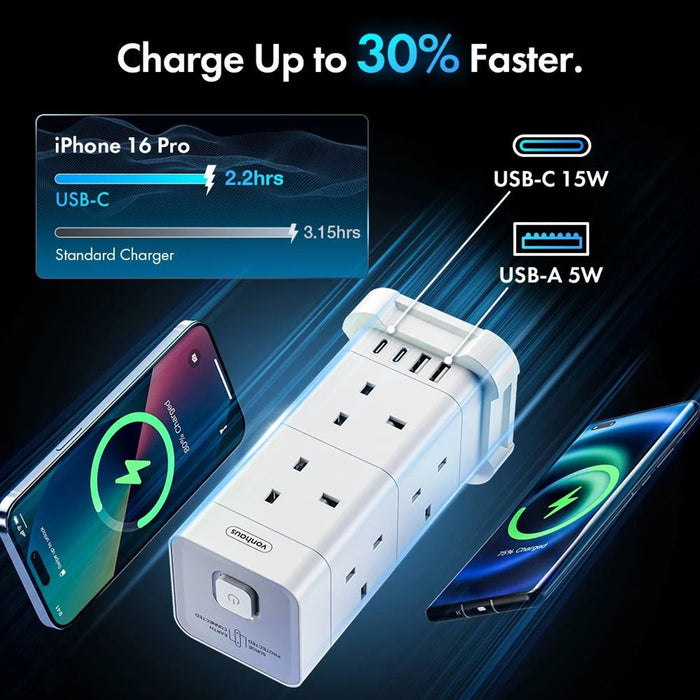 VonHaus Tower Extension Lead with USB, Power Surge Protection 2M Cable White, 8 x UK Mains Sockets, Three-Pin 13A Plugs, Arranged Vertically With 2 Sockets On Each Of The 4 Sides-Cables-Gigante Computers