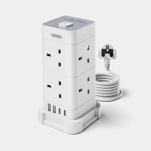 VonHaus Tower Extension Lead with USB, Power Surge Protection 2M Cable White, 8 x UK Mains Sockets, Three-Pin 13A Plugs, Arranged Vertically With 2 Sockets On Each Of The 4 Sides-Cables-Gigante Computers