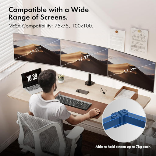 VonHaus Triple Monitor Stand for 17-27" Screens, Three Screen Monitor Mount with Desk Clamp, Height Adjustable, Easy Assemble Stand with Full Tilt, Rotation & Swivel Arms, VESA 75x75 & 100x100mm-Accessories-Gigante Computers