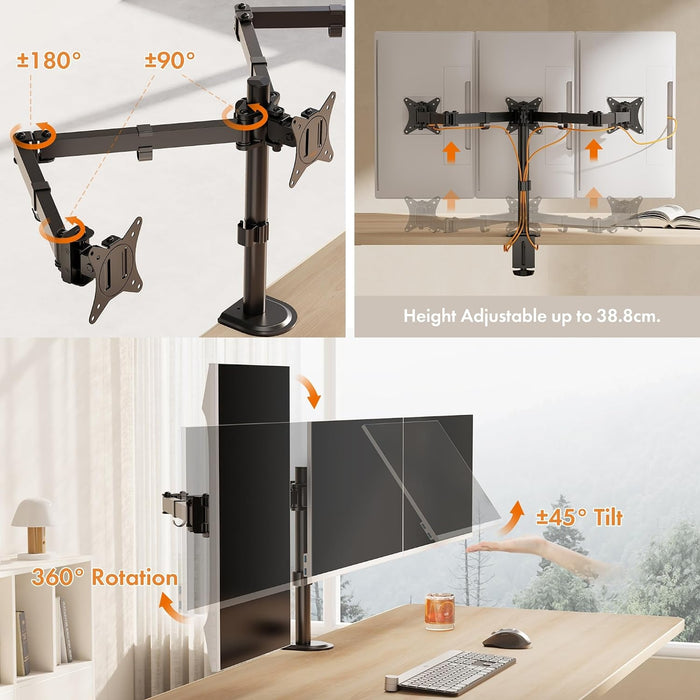 VonHaus Triple Monitor Stand for 17-27" Screens, Three Screen Monitor Mount with Desk Clamp, Height Adjustable, Easy Assemble Stand with Full Tilt, Rotation & Swivel Arms, VESA 75x75 & 100x100mm-Accessories-Gigante Computers