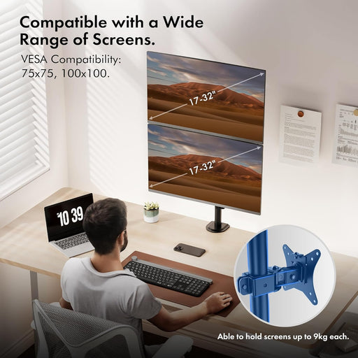 VonHaus Vertical Double Monitor Stand for 13-32" Screens, Twin Monitor Mount with Clamp, Height Adjustable, Easy Assemble Stand with Full Tilt, Rotation & Swivel Arms, VESA 75x75 & 100x100mm-Accessories-Gigante Computers