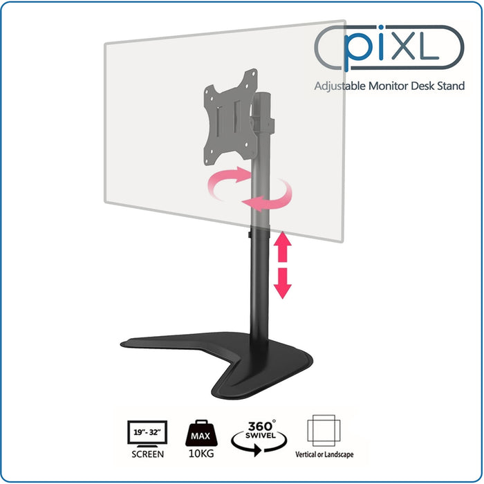 piXL Single Monitor Arm Desk Mount, For Screens up to 32", Max Weight 10Kg, Freestanding, Height Adjustable, Pivot, Swivel 360