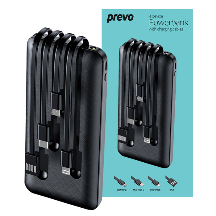 PREVO SP2010 4 Device 10000mah Portable Power Bank with Charging Cables Black