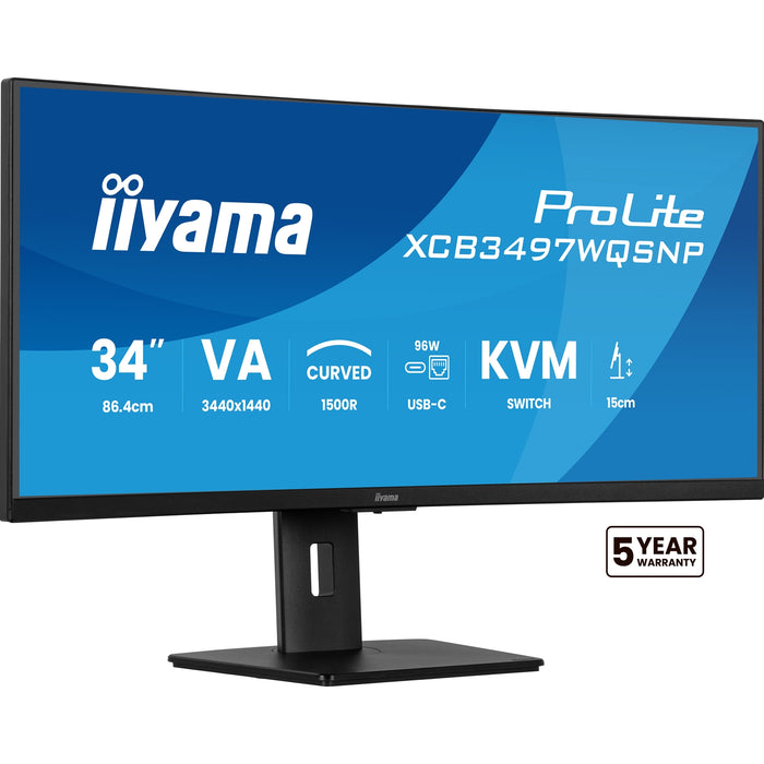 iiyama ProLite Curved Monitor XCB3497WQSNP-B1 34" VA Ultra-Wide Screen with KVM Switch, LAN, USB-C Dock, 0.4ms, 120Hz, HDMI, DisplayPort, Speakers, Height Adjustment-Monitors-Gigante Computers