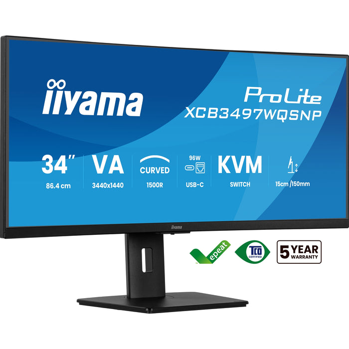 iiyama ProLite Curved Monitor XCB3497WQSNP-B1 34" VA Ultra-Wide Screen with KVM Switch, LAN, USB-C Dock, 0.4ms, 120Hz, HDMI, DisplayPort, Speakers, Height Adjustment-Monitors-Gigante Computers
