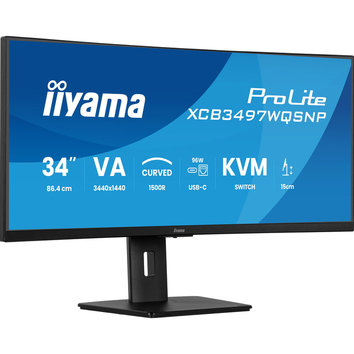 iiyama ProLite Curved Monitor XCB3497WQSNP-B1 34" VA Ultra-Wide Screen with KVM Switch, LAN, USB-C Dock, 0.4ms, 120Hz, HDMI, DisplayPort, Speakers, Height Adjustment-Monitors-Gigante Computers