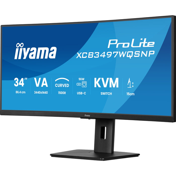 iiyama ProLite Curved Monitor XCB3497WQSNP-B1 34" VA Ultra-Wide Screen with KVM Switch, LAN, USB-C Dock, 0.4ms, 120Hz, HDMI, DisplayPort, Speakers, Height Adjustment-Monitors-Gigante Computers