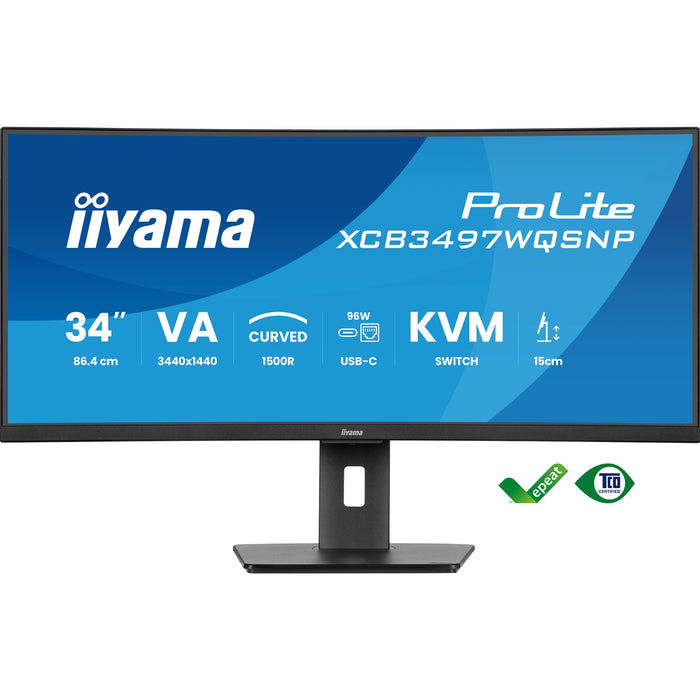 iiyama ProLite Curved Monitor XCB3497WQSNP-B1 34" VA Ultra-Wide Screen with KVM Switch, LAN, USB-C Dock, 0.4ms, 120Hz, HDMI, DisplayPort, Speakers, Height Adjustment-Monitors-Gigante Computers