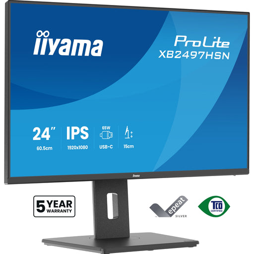 iiyama XB2497HSN-B1 24" IPS LCD USB-C Dock Display with 65W Charging, 4ms (1ms MPRT, Full HD 1920x1080, 350 cd/m2 Brightness, RJ45, 1x HDMI,1 x DisplayPort In, 1 x DP-OUT(MST), USB Hub 2x USB 3.0 + 2x USB-C (7.5W), 2W Speakers, Height Adjustable Stand, TU-Monitors-Gigante Computers