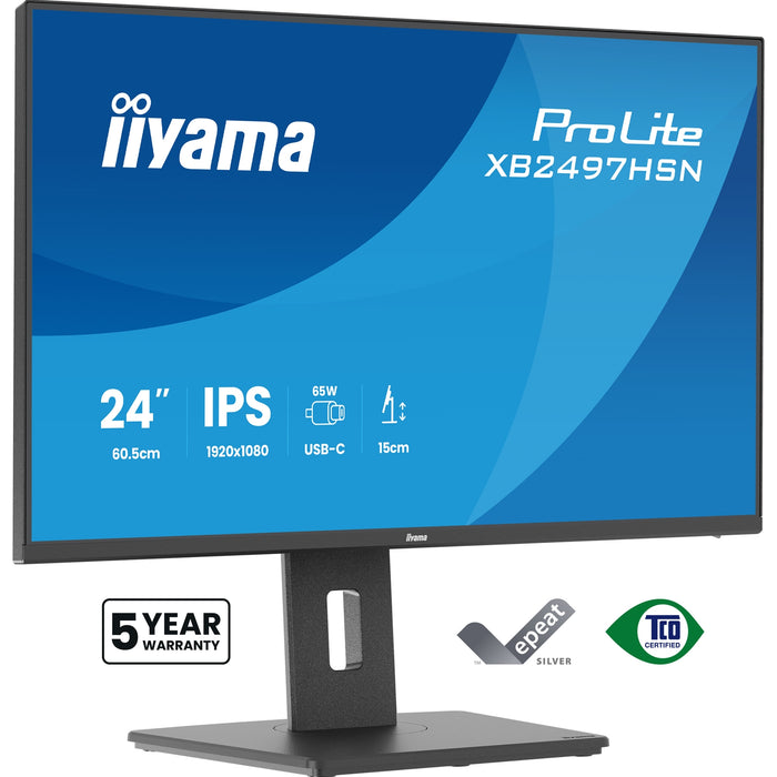 iiyama XB2497HSN-B1 24" IPS LCD USB-C Dock Display with 65W Charging, 4ms (1ms MPRT, Full HD 1920x1080, 350 cd/m2 Brightness, RJ45, 1x HDMI,1 x DisplayPort In, 1 x DP-OUT(MST), USB Hub 2x USB 3.0 + 2x USB-C (7.5W), 2W Speakers, Height Adjustable Stand, TU-Monitors-Gigante Computers