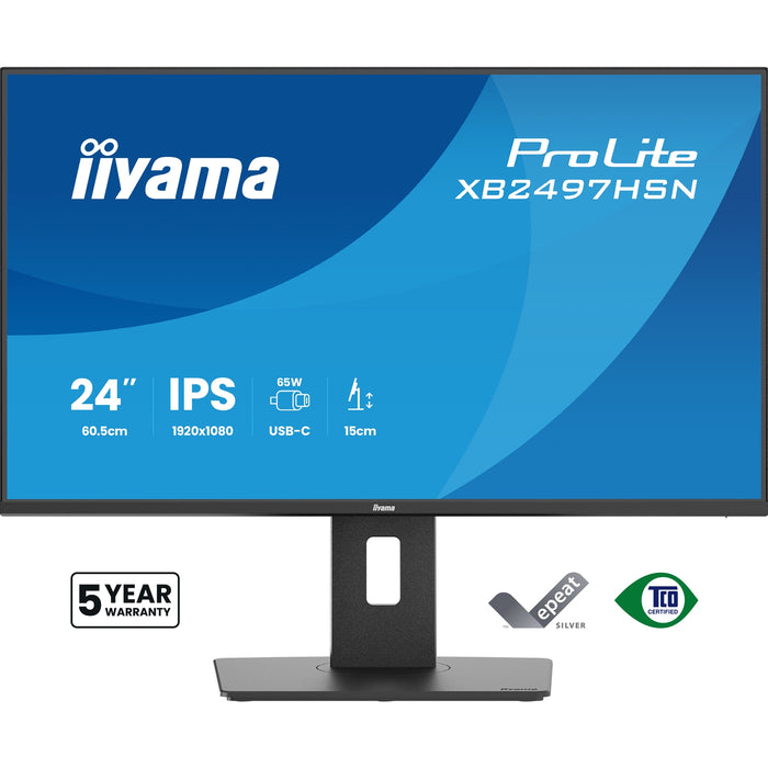 iiyama XB2497HSN-B1 24" IPS LCD USB-C Dock Display with 65W Charging, 4ms (1ms MPRT, Full HD 1920x1080, 350 cd/m2 Brightness, RJ45, 1x HDMI,1 x DisplayPort In, 1 x DP-OUT(MST), USB Hub 2x USB 3.0 + 2x USB-C (7.5W), 2W Speakers, Height Adjustable Stand, TU-Monitors-Gigante Computers