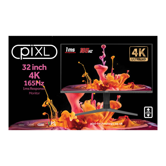 piXL CM32G7 32 Inch 4K IPS Monitor, 165Hz, 1ms, Frameless, Freesync, G-Sync, HDMI, DisplayPort, USB-C, USB-A x 2 With Audio Port, Black, RGB Lighting, VESA Mount, Height Adjustable, 3 Year Warranty-Monitors-Gigante Computers