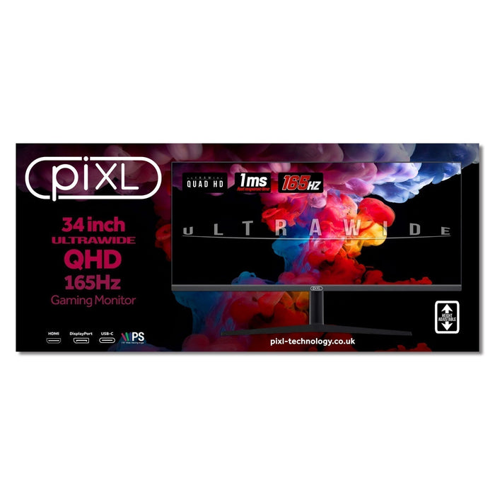 piXL CM34G3 34 Inch Ultrawide Gaming Monitor, Widescreen IPS LED Panel, QHD 3440x1440, 1.5ms Response Time, 180Hz Refresh Rate, Display Port, HDMI, USB, 16.7 Million Colour Support, VESA Wall Mount, Black Finish-Monitors-Gigante Computers