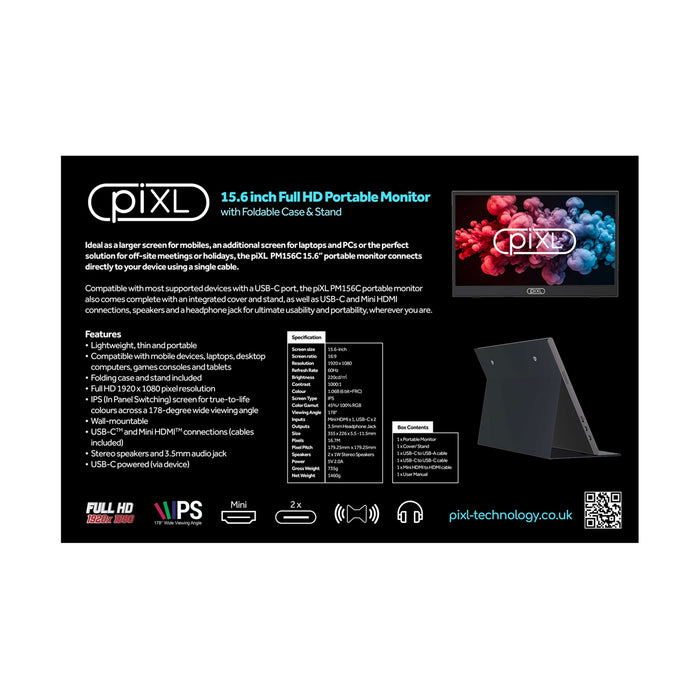 piXL PM156C 15.6 Inch Full HD 60Hz IPS Portable Monitor with USB-C, Mini HDMI & Speakers with Foldable Case & Stand-Monitors-Gigante Computers