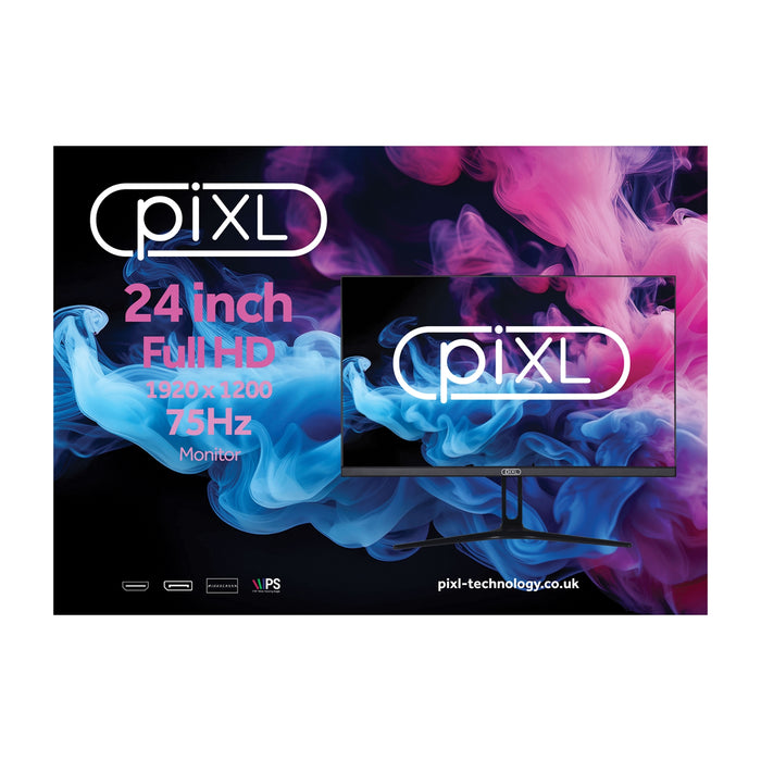 piXL PX24IDHFP 24 Inch Frameless Monitor, Widescreen IPS LCD Panel, 5ms Response Time, 75Hz Refresh Rate, Full HD 1920 x 1200, HDMI, DisplayPort, Internal PSU, 16.7 Million Colour Support, Black Finish, 3 Year Warranty-Monitors-Gigante Computers